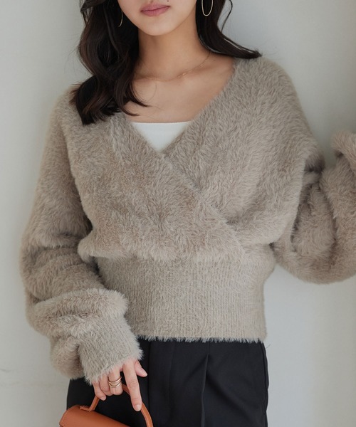 KOBE LETTUCE（コウベレタス）の「フェザーカシュクールニット（ニット/セーター・レディース・アイボリー/モカ/ピンク・M）」の4枚目の写真