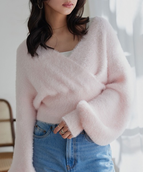 KOBE LETTUCE（コウベレタス）の「フェザーカシュクールニット（ニット/セーター・レディース・アイボリー/モカ/ピンク・M）」の6枚目の写真