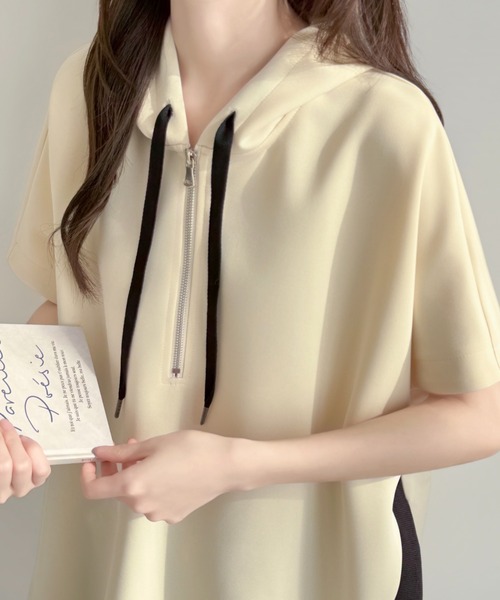 ABITOKYO(アビトーキョー)の「サイドスリット半袖フーディ段ボールパーカー(パーカー・レディース・グリーン/ブラック/アイボリー/グレー・M/L)」の9枚目の写真