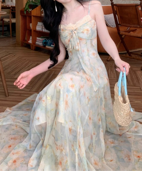 LUCPY(ラクピー)の「シアーフラワープリントキャミロングワンピース(ワンピース・レディース・グリーン・LARGE/MEDIUM/SMALL/X-SMALL)」の1枚目の写真