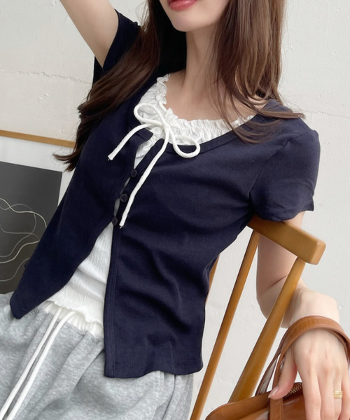 Ada.(エイダ)の「レイヤードデザイン フロントボタン付き カットソー(Tシャツ/カットソー・レディース・ホワイト/ネイビー/グレー/ブルー・FREE)」の14枚目の写真