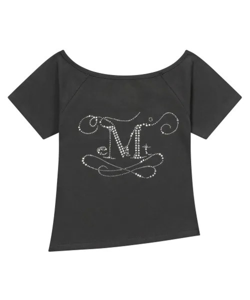 MUCENT(ムセント)の「MUCENT/ラインストーンロゴワンショルダーポイントトップス(Tシャツ/カットソー・レディース・チャコールグレー・FREE)」の3枚目の写真