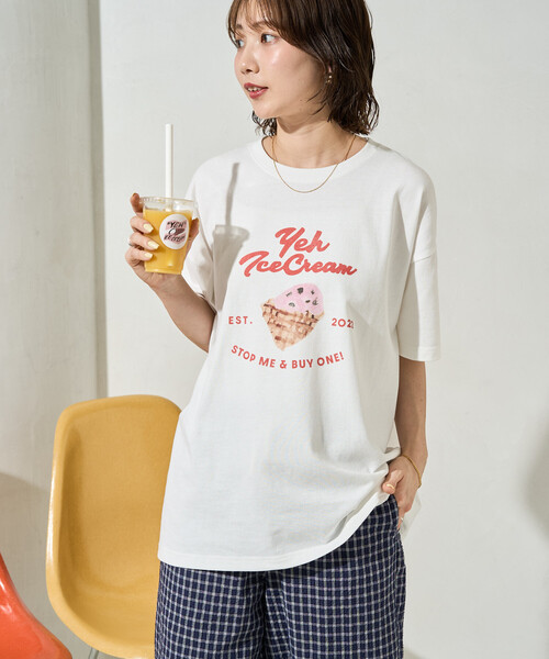 FREAK'S STORE(フリークスストア)の「限定展開 別注 YEH! ice cream プリント 半袖 Tシャツ(Tシャツ/カットソー・レディース・ライトグレー/オフホワイト/ブラック/ライトピンク・フリ-)」の9枚目の写真