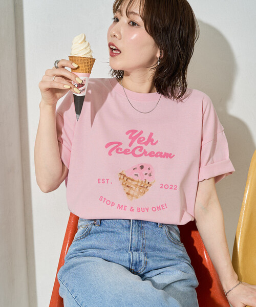 FREAK'S STORE(フリークスストア)の「限定展開 別注 YEH! ice cream プリント 半袖 Tシャツ(Tシャツ/カットソー・レディース・ライトグレー/オフホワイト/ブラック/ライトピンク・フリ-)」の14枚目の写真