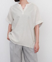 【吸水速乾/UVケア/抗菌防臭】リネンストライプドルマンシャツ バンドカラー