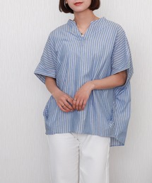 【吸水速乾/UVケア/抗菌防臭】リネンストライプドルマンシャツ バンドカラー
