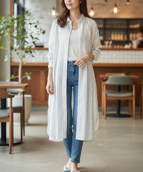 BY THE BAY(バイザベイ)の「【羽織り・ワンピース2WAY】ストライプロングシャツワンピース/5色展開 春夏 体型カバー(シャツワンピース・レディース・ブルー/ピンク/ホワイト/ブラック/ブラウン・FREE)」の2枚目の写真