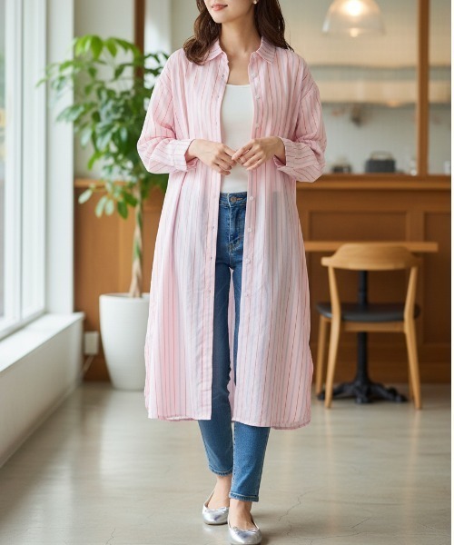 BY THE BAY(バイザベイ)の「【羽織り・ワンピース2WAY】ストライプロングシャツワンピース/5色展開 春夏 体型カバー(シャツワンピース・レディース・ブルー/ピンク/ホワイト/ブラック/ブラウン・FREE)」の5枚目の写真