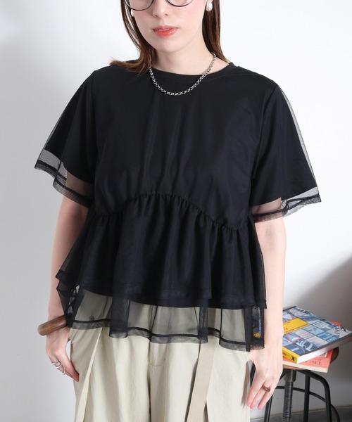 cepo（セポ）の「シアーチュールドッキングペプラムプルオーバー（Tシャツ/カットソー・レディース・ブラック/オフホワイト・M）」の2枚目の写真
