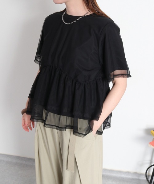 cepo（セポ）の「シアーチュールドッキングペプラムプルオーバー（Tシャツ/カットソー・レディース・ブラック/オフホワイト・M）」の3枚目の写真