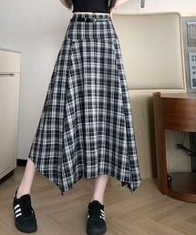 チェック柄イレヘムフレアスカート レディース ミモレ丈 ベルト付き