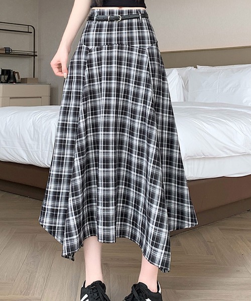 2ly2(トゥーリートゥー)の「チェック柄イレヘムフレアスカート レディース ミモレ丈 ベルト付き(スカート・レディース・ブラック/ブラウン・FREE)」の19枚目の写真
