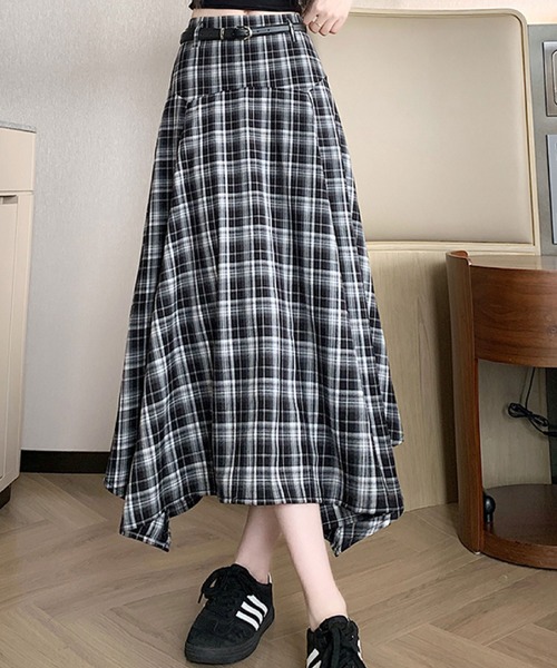 2ly2(トゥーリートゥー)の「チェック柄イレヘムフレアスカート レディース ミモレ丈 ベルト付き(スカート・レディース・ブラック/ブラウン・FREE)」の20枚目の写真