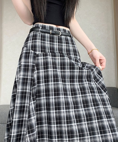 2ly2(トゥーリートゥー)の「チェック柄イレヘムフレアスカート レディース ミモレ丈 ベルト付き(スカート・レディース・ブラック/ブラウン・FREE)」の17枚目の写真