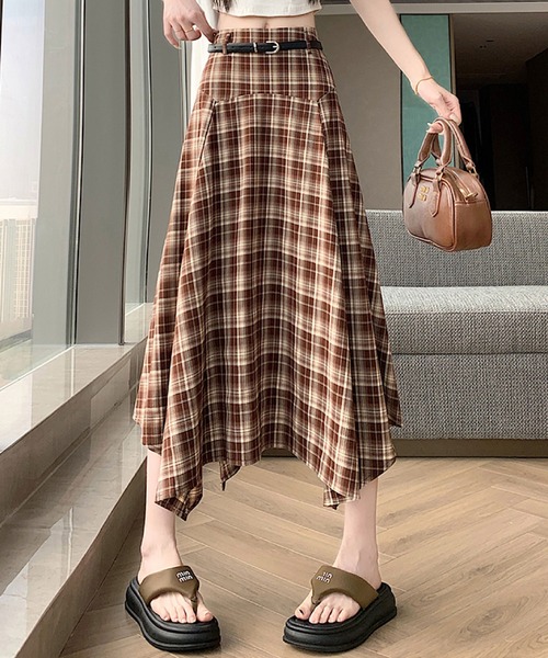 2ly2(トゥーリートゥー)の「チェック柄イレヘムフレアスカート レディース ミモレ丈 ベルト付き(スカート・レディース・ブラック/ブラウン・FREE)」の7枚目の写真