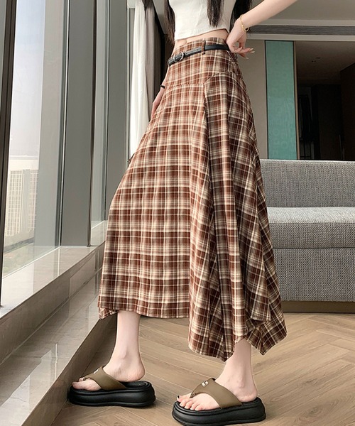 2ly2(トゥーリートゥー)の「チェック柄イレヘムフレアスカート レディース ミモレ丈 ベルト付き(スカート・レディース・ブラック/ブラウン・FREE)」の10枚目の写真