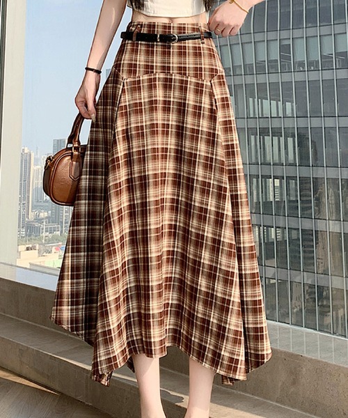2ly2(トゥーリートゥー)の「チェック柄イレヘムフレアスカート レディース ミモレ丈 ベルト付き(スカート・レディース・ブラック/ブラウン・FREE)」の4枚目の写真