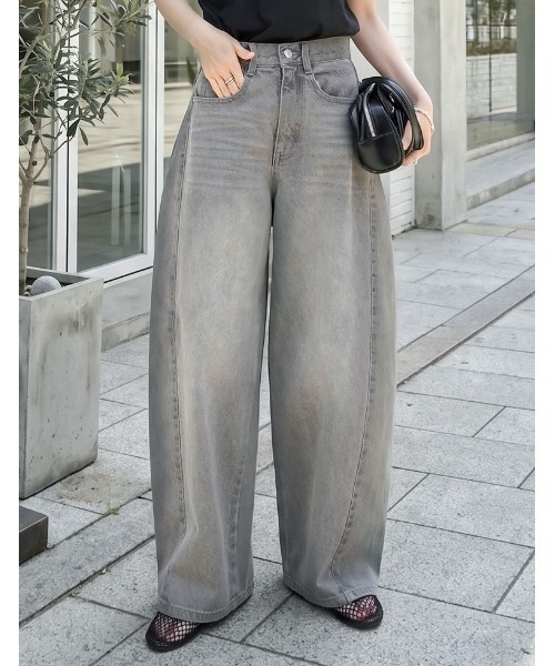 淡いグレー カットオフ裾 ワイドレッグデニム 低身長/高身長/大きいサイズ有]サイド切り替えバックポケットカーブ