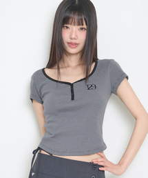 129 ボタンヘンリーネックTシャツ グレー ストライプ