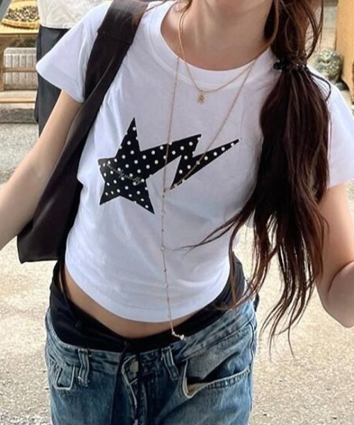 LADY LIKE（レディライク）の「【春夏新作】スタードット柄コンパクト半袖Tシャツ（Tシャツ/カットソー・レディース・ホワイト・M）」の2枚目の写真