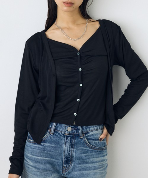 AZUL by moussy(アズールバイマウジー)の「【身長/骨格別着用画像あり】フロントギャザーレイヤードカットカーディガン 秋服 羽織り 長袖 2WAY(カーディガン/ボレロ・レディース・ブラック/杢グレー/オフホワイト/ボルドー・FREE)」の1枚目の写真