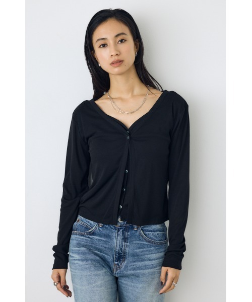 AZUL by moussy(アズールバイマウジー)の「【身長/骨格別着用画像あり】フロントギャザーレイヤードカットカーディガン 秋服 羽織り 長袖 2WAY(カーディガン/ボレロ・レディース・ブラック/杢グレー/オフホワイト/ボルドー・FREE)」の10枚目の写真
