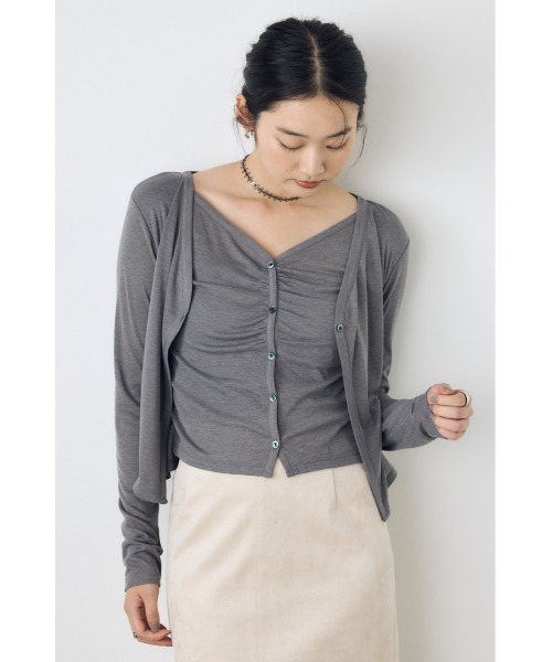 AZUL by moussy(アズールバイマウジー)の「【身長/骨格別着用画像あり】フロントギャザーレイヤードカットカーディガン 秋服 羽織り 長袖 2WAY(カーディガン/ボレロ・レディース・ブラック/杢グレー/オフホワイト/ボルドー・FREE)」の13枚目の写真