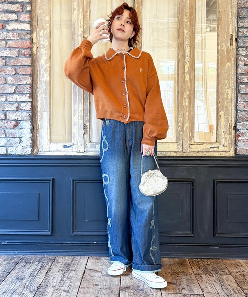 DOUBLE NAME(ダブルネーム)の「うねうねフリンジ ウエスト調節デニムワイドパンツ(デニムパンツ・レディース・インディゴブルー/ネイビー・FREE)」の9枚目の写真