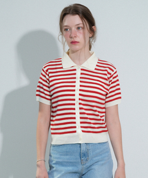 V-neck Stripe Collar Half Knit Cardigan (Red)