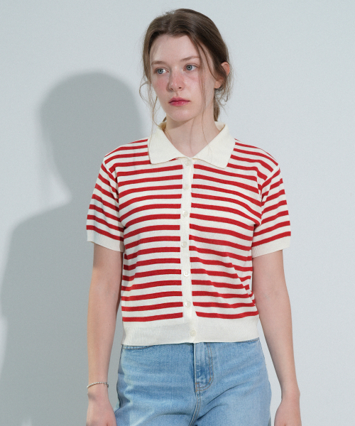 VLETI(ブレッティ)の「V-neck Stripe Collar Half Knit Cardigan (Red)(カーディガン/ボレロ・レディース・レッド・FREE)」の1枚目の写真