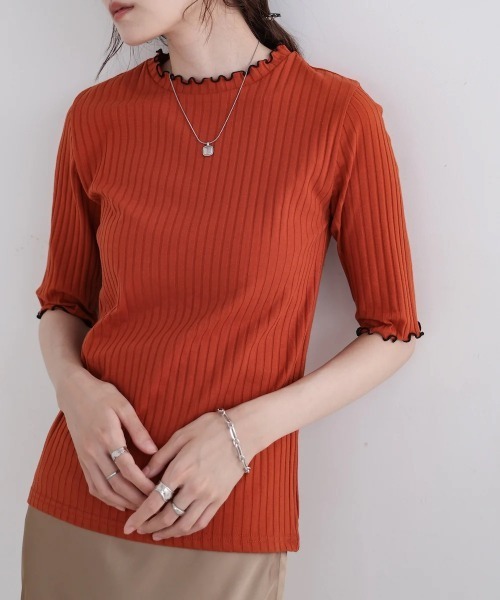 Bab(バブ)の「ウェーブメローハーフスリーブリブカットソー(Tシャツ/カットソー・レディース・テラコッタ・MEDIUM)」の1枚目の写真