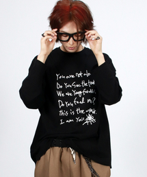 M テキストグラフィック オーバーサイズ ロングスリーブTシャツ - ブラック