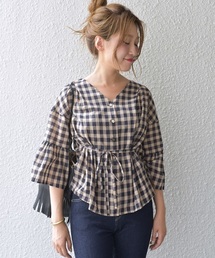 liflattie ships:チェック フレアスリーブ ブラウス ◆
