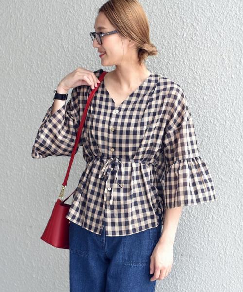 liflattie ships（リフラティ シップス）の「liflattie ships:チェック フレアスリーブ ブラウス ◆（シャツ/ブラウス・レディース・ブラック/ベージュ・MEDIUM/SMALL）」の3枚目の写真