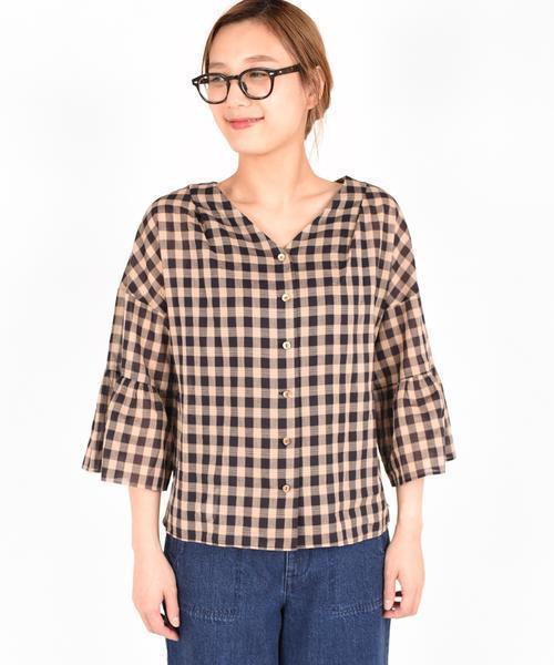 liflattie ships（リフラティ シップス）の「liflattie ships:チェック フレアスリーブ ブラウス ◆（シャツ/ブラウス・レディース・ブラック/ベージュ・MEDIUM/SMALL）」の8枚目の写真