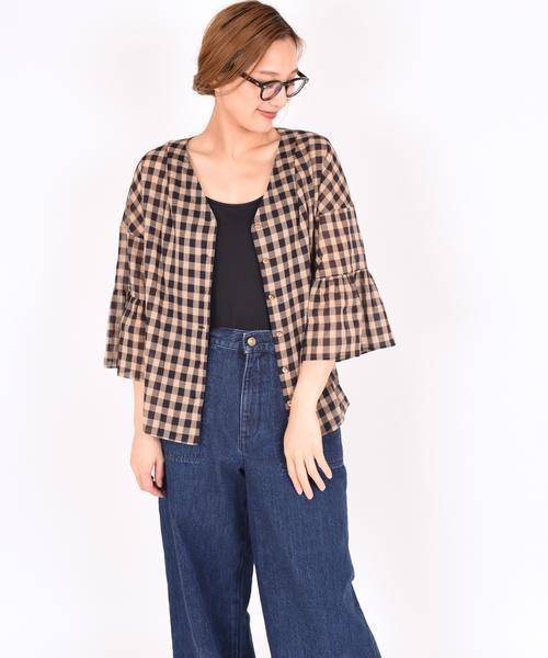 liflattie ships（リフラティ シップス）の「liflattie ships:チェック フレアスリーブ ブラウス ◆（シャツ/ブラウス・レディース・ブラック/ベージュ・MEDIUM/SMALL）」の7枚目の写真