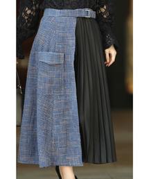 ツイードとプリーツのコンビラップ風ミディアムスカート