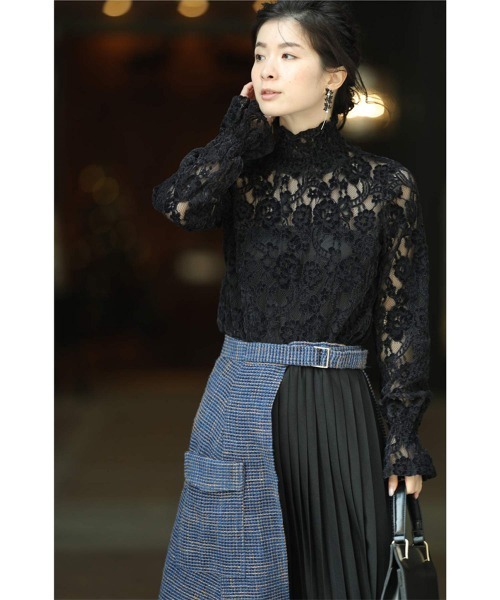 cawaii（カワイイ）の「ツイードとプリーツのコンビラップ風ミディアムスカート（スカート・レディース・ネイビー・M/L）」の5枚目の写真