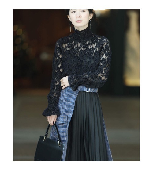 cawaii（カワイイ）の「ツイードとプリーツのコンビラップ風ミディアムスカート（スカート・レディース・ネイビー・M/L）」の7枚目の写真