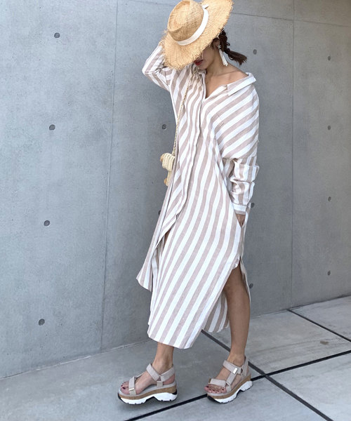 CIEL'AIR（シエルエアー）の「【CIEL'AIR/シエルエアー】ストライプバックリボンシャツワンピ（シャツワンピース・レディース・ベージュ/カーキ・FREE）」の13枚目の写真