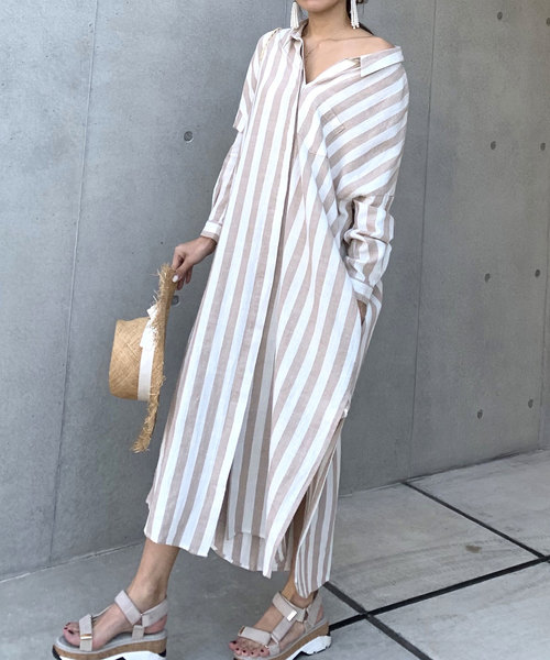 CIEL'AIR（シエルエアー）の「【CIEL'AIR/シエルエアー】ストライプバックリボンシャツワンピ（シャツワンピース・レディース・ベージュ/カーキ・FREE）」の8枚目の写真