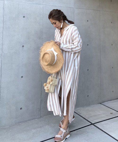 CIEL'AIR（シエルエアー）の「【CIEL'AIR/シエルエアー】ストライプバックリボンシャツワンピ（シャツワンピース・レディース・ベージュ/カーキ・FREE）」の3枚目の写真