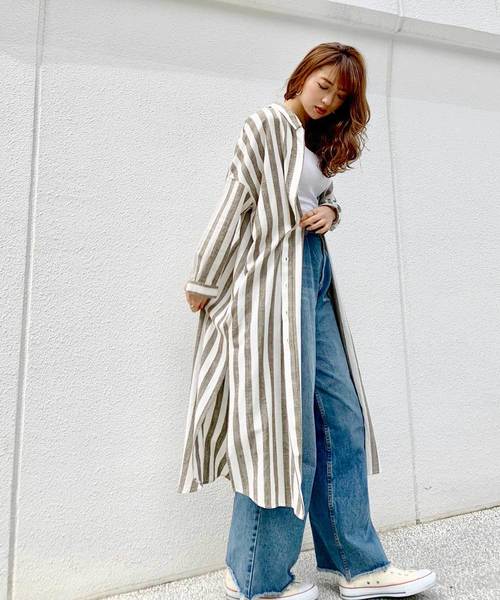 CIEL'AIR（シエルエアー）の「【CIEL'AIR/シエルエアー】ストライプバックリボンシャツワンピ（シャツワンピース・レディース・ベージュ/カーキ・FREE）」の4枚目の写真