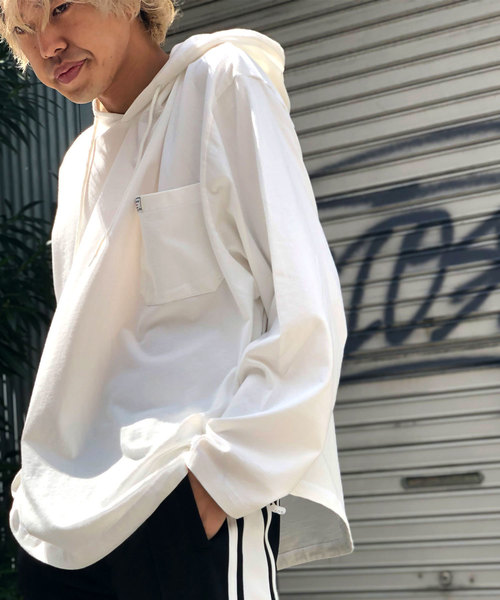 MASONPRINCE(メイソンプリンス)の「【MASONPRINCE】ビッグシルエット フード付きカットソー 裾アジャスター付き(パーカー・メンズ・ホワイト/ブラック/カーキ/レッド/ブルー・S/M/L)」の10枚目の写真