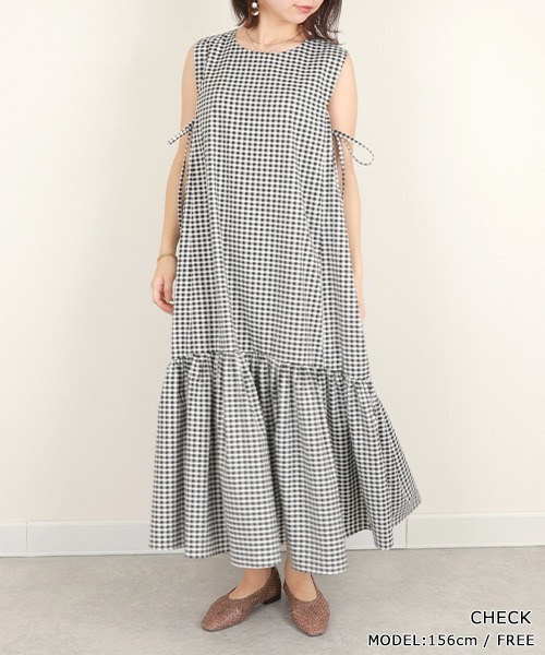 RANDA(ランダ)の「サイドリボンギャザーワンピース(ワンピース・レディース・ホワイト/グリーン/チェック・FREE)」の3枚目の写真