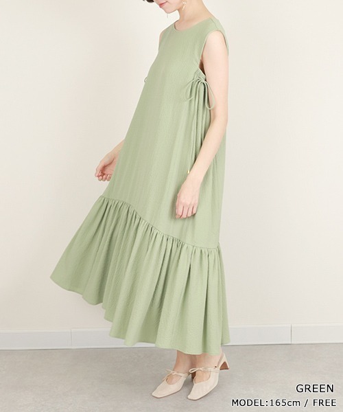 RANDA(ランダ)の「サイドリボンギャザーワンピース(ワンピース・レディース・ホワイト/グリーン/チェック・FREE)」の2枚目の写真