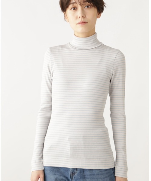 human woman(ヒューマンウーマン)の「スビン丸胴ボーダー(Tシャツ/カットソー・レディース・チャコールグレー/ダークオリーブ・MEDIUM)」の2枚目の写真