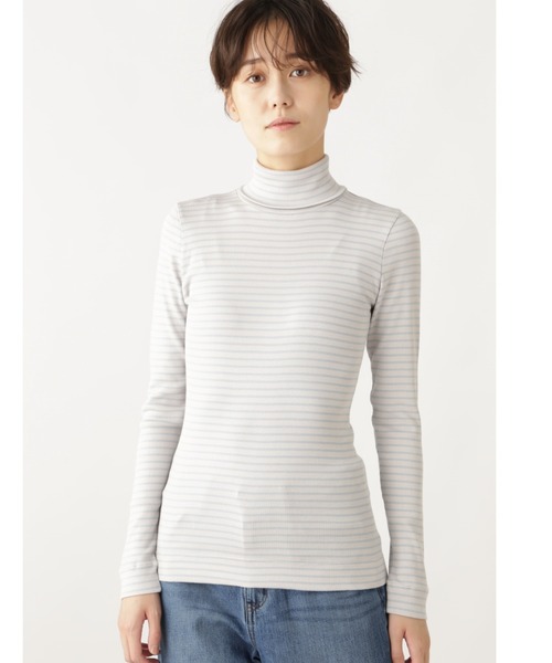 human woman(ヒューマンウーマン)の「スビン丸胴ボーダー(Tシャツ/カットソー・レディース・チャコールグレー/ダークオリーブ・MEDIUM)」の15枚目の写真