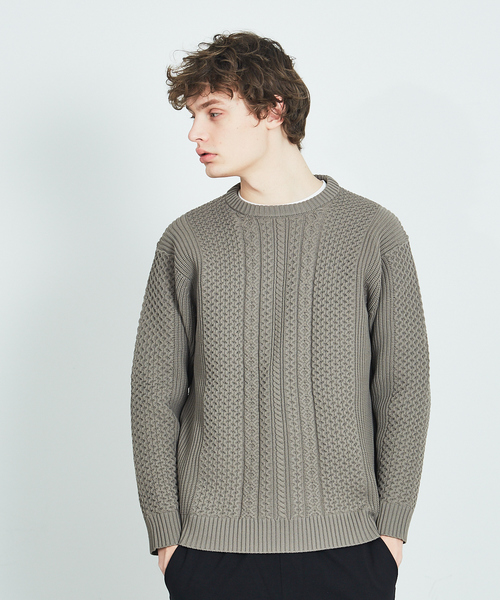 ABAHOUSE（アバハウス）の「クルーネック アランニット（ニット/セーター・メンズ・ブラック/オフホワイト/グレイッシュベージュ/グレイッシュブルー・46/44/48）」の3枚目の写真