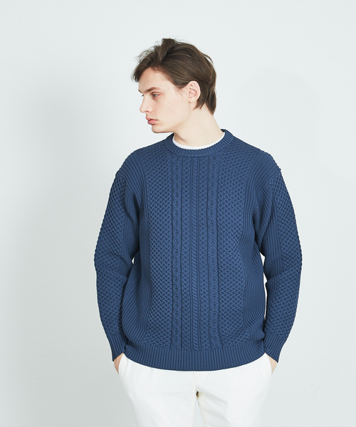 ABAHOUSE（アバハウス）の「クルーネック アランニット（ニット/セーター・メンズ・ブラック/オフホワイト/グレイッシュベージュ/グレイッシュブルー・46/44/48）」の4枚目の写真